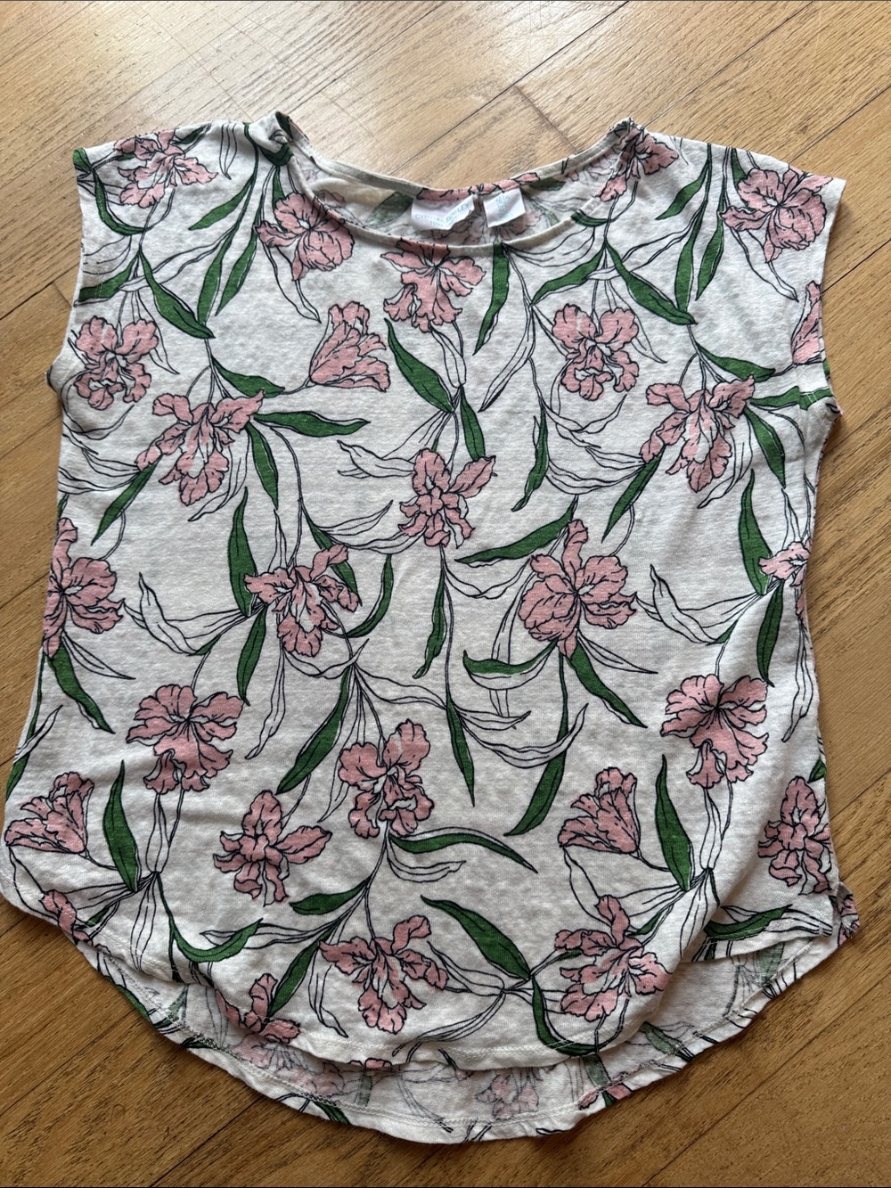 Cynthia Rowley Cream Linen Top with Pink Floral and Green Leaves, size large